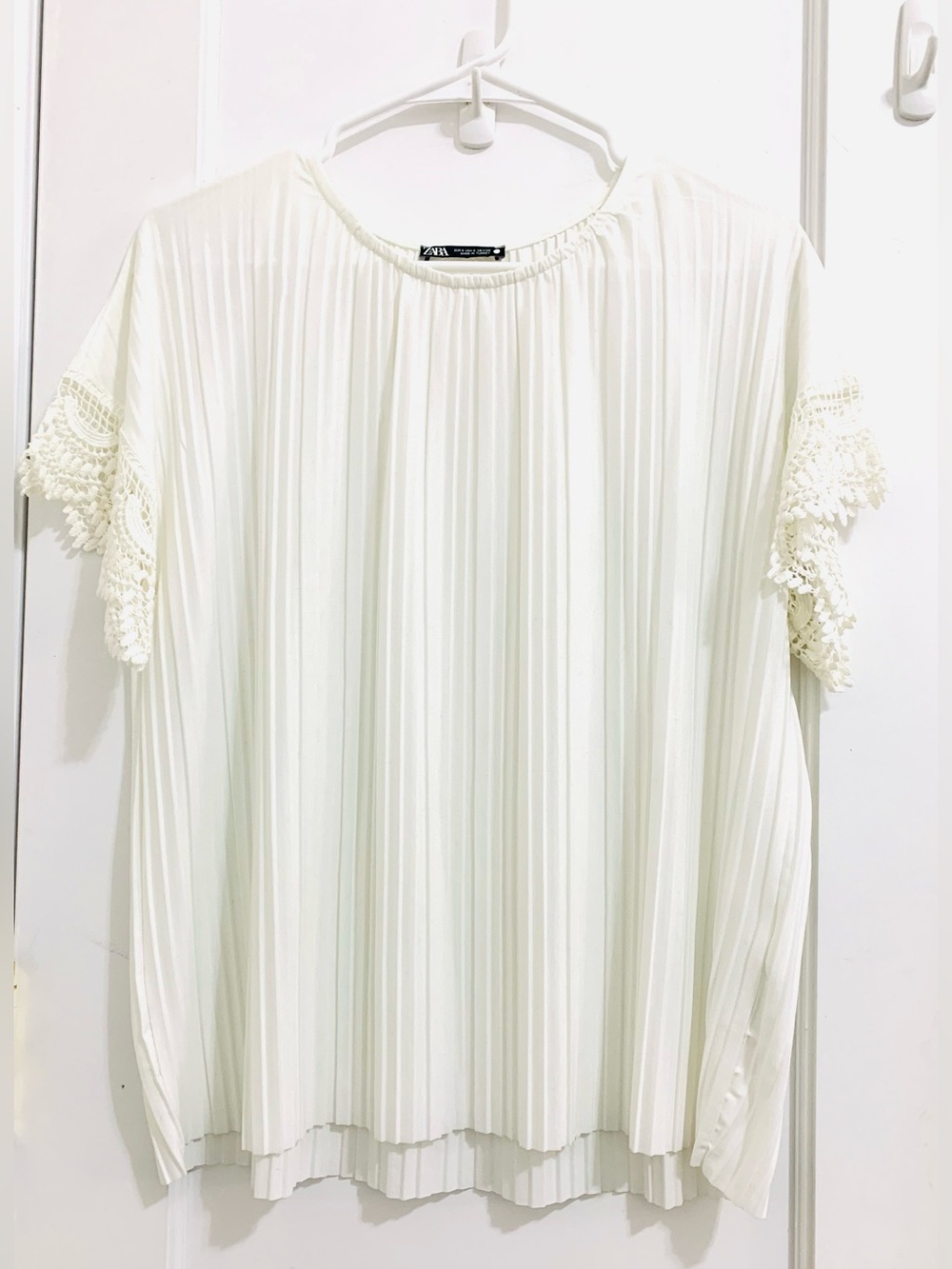 ZARA White Pleated Top with Crochet Trim - NWOT